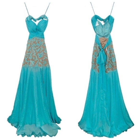 Sherri Hill Floral Beaded Floral Ruched Tulle Prom Dress Aqua Blue 11138 - Picture 1 of 9